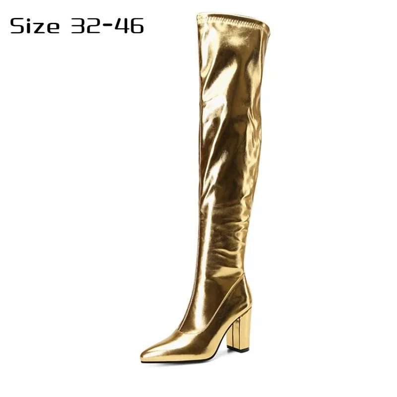 

Сапоги ALIDISC2024 выше колена на высоком каблуке, женские сапоги с коротким плюшем, прямые, В рыцарском стиле, серебристые, золотистые, на каблуке 9 см, размеры 32-46, женская обувь