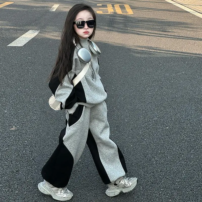 بدلة ملابس للأطفال البنات لخريف وشتاء  سترة فضفاضة مرقعة للأطفال تي شيرت وبنطلون فضفاض بدلة رياضية 4 5 8 10 12 سنة