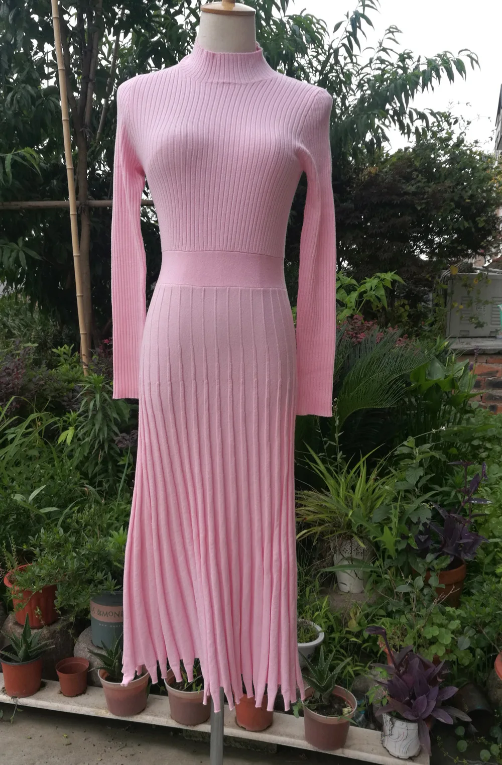 Vestido de punto plisado acanalado para mujer, suelto, de moda, con retazos, manga larga, cintura alta, de punto, vestido maxi femenino de otoño, nuevo