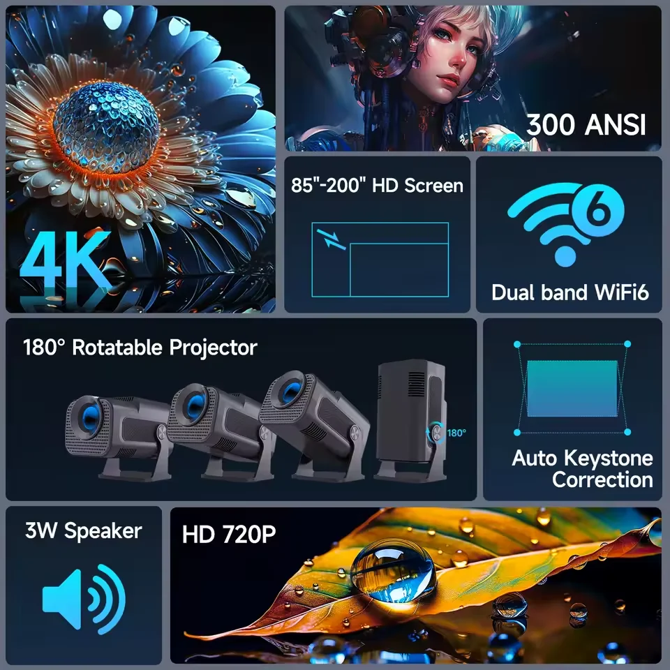 HY320 미니 네이티브 720P 안드로이드 11 프로젝터, 300ANSI 4K 지원 WiFi6 BT5.0 180 ° 회전식 휴대용 야외 영화관