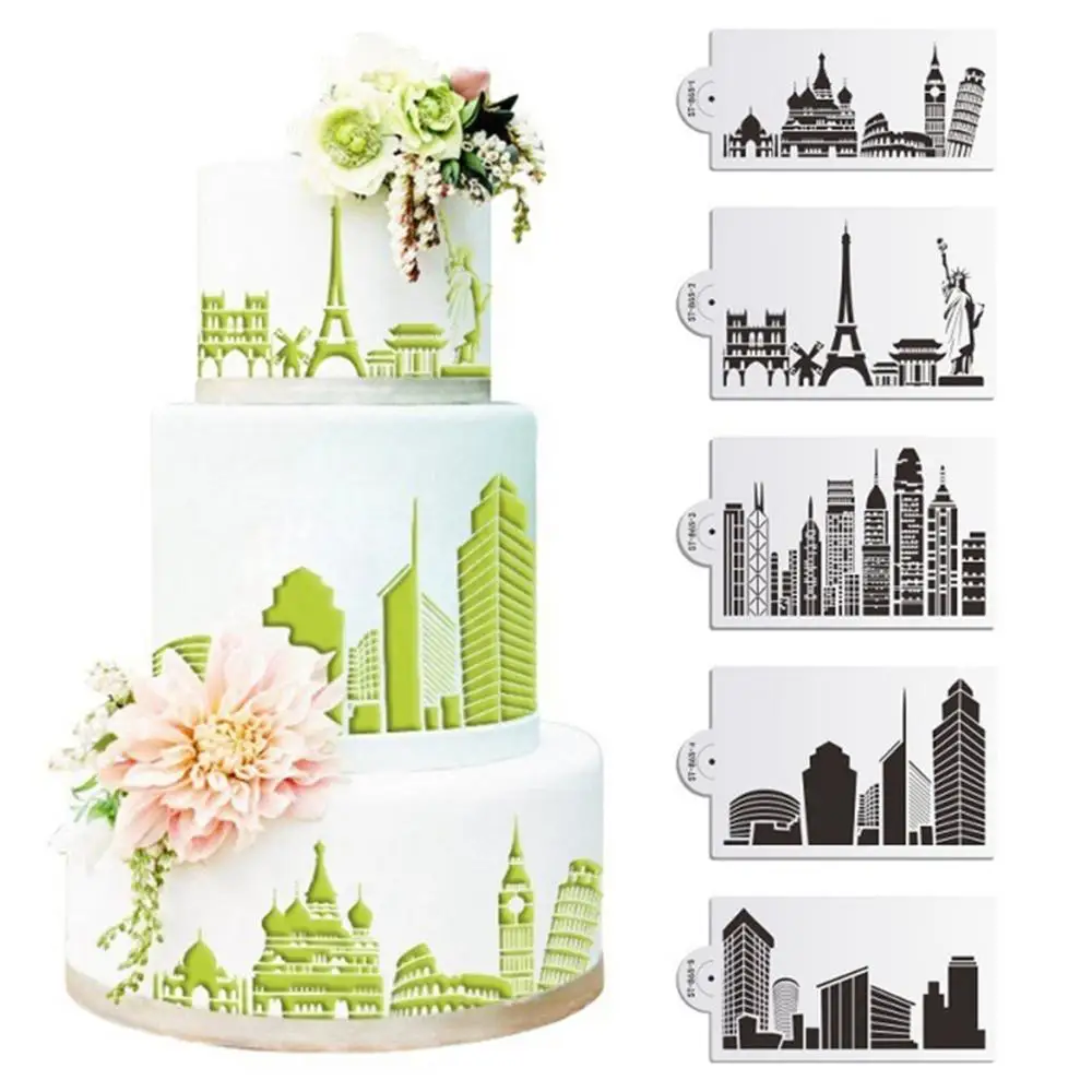 

Baking 5Pcs Art Template Plastic Cake Decorating Tool Landmark Building Fondant Molds Cake Stencil