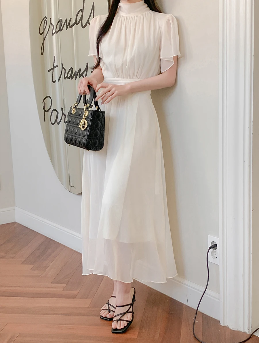 Elegant Solid Midi Dresses for Women Ruffles Half-high Collar A-line Office Lady Casual Korean Fashion Autumn Vestidos Mujer New