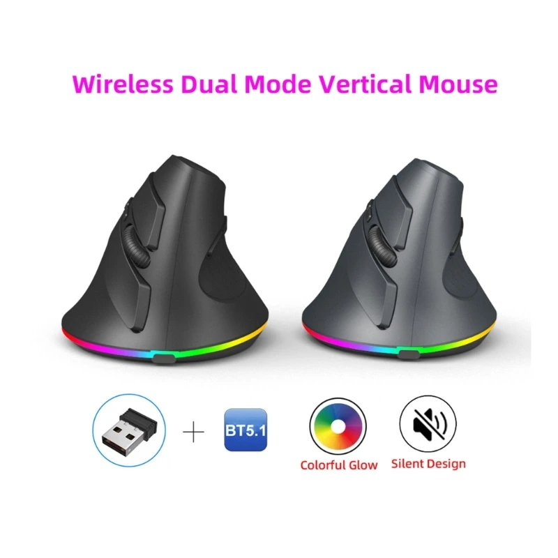 

Wireless Mouse with Dual modes 2.4GHz + BT5.1 Connection Vertical Design Mute for Office, School, and Home Office Use