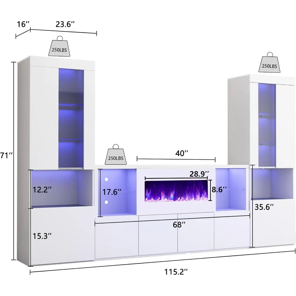 3 Piece Modern High Gloss Fireplace TV Stand + Bookcase Set for Living Room Includes 68" TV Stand with 40" Fireplace 3