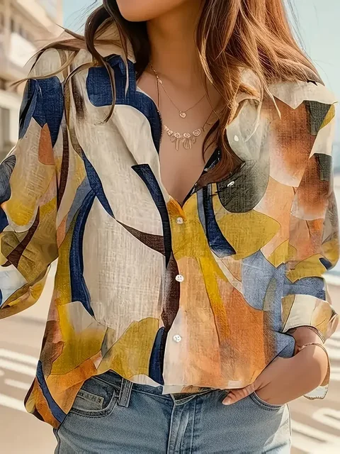 Plus Size 1XL-5XL Women's Elegant  V-Neck Geometric Print Shirt  Ladies Casual Long Sleeves Summer V-Neck Blouse Shirt Tops