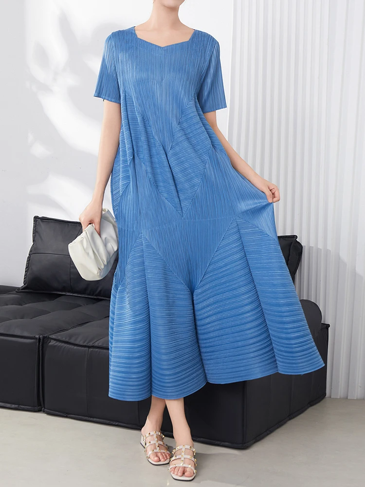 LANMREM Flower Bud Pleated Short Sleeved Dress For Women Summer Cloth 2025 New Loose Fit Round Collar Blue Dresses Chic 2DB3102 - Image 6