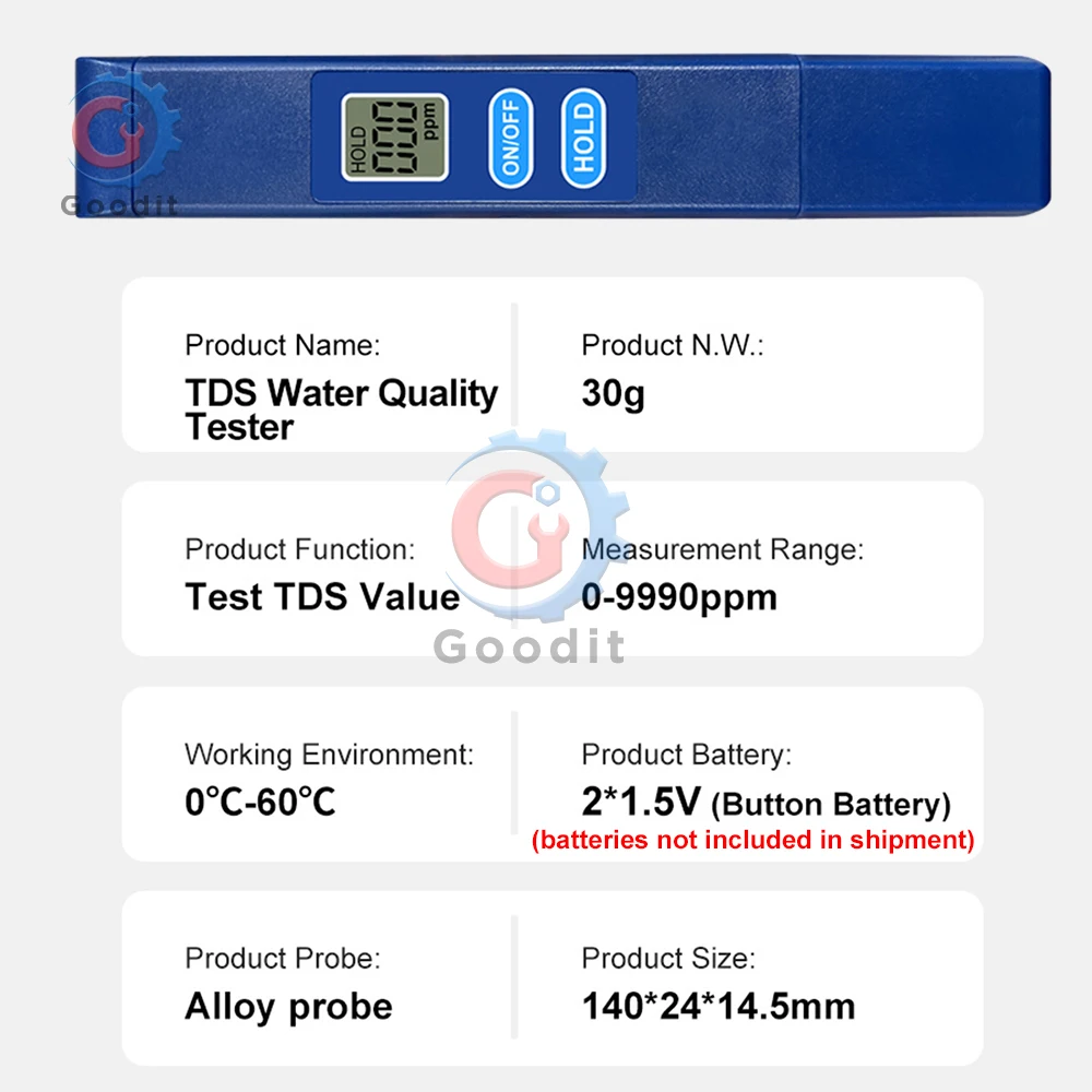 Water Quality Detector Portable TDS Water Quality Tester Pen 0-999ppm Alloy Probe Detector with LCD Display for Drinking/Pool/Aquaculture/Agriculture
