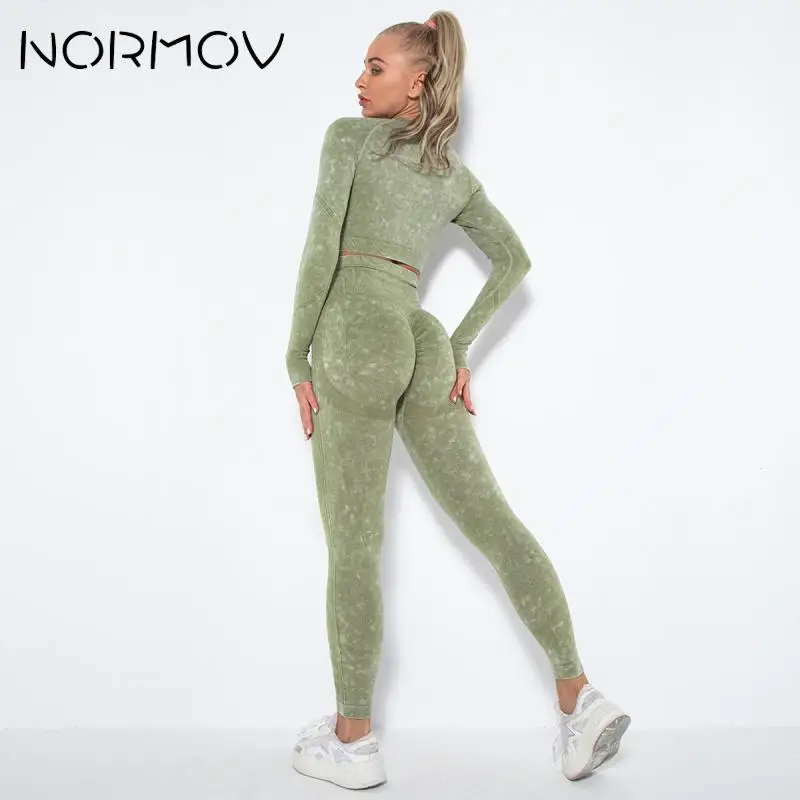 

NORMOV Wash Sports Sets Seamless 2 Pieces Gym Set 2023 Long Sleeve Shirts High Waist Leggings Yoga Suits For Women Sportwear