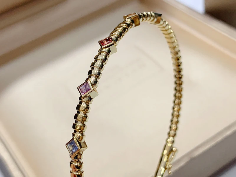 KUGG 18K Yellow Gold Bracelet Fashion Princess Cut Real Natural Aquamarine Spring Design Exquisite Party Jewelry for Women