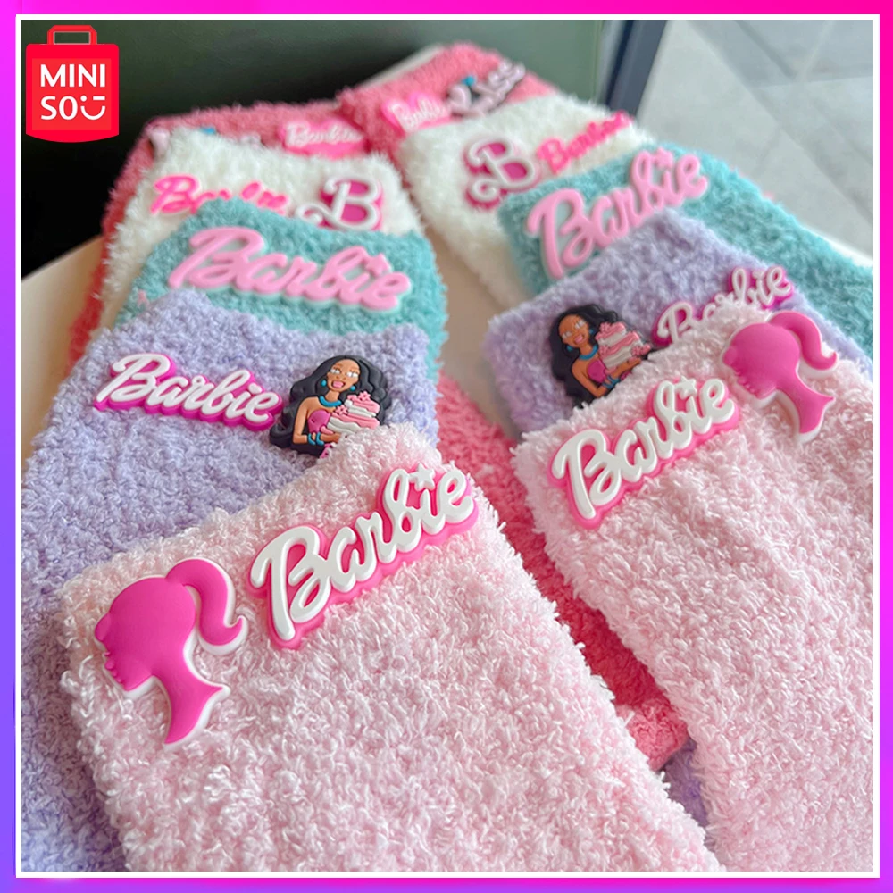 

2024 Miniso Barbie Princess New Autumn Dopamine Plush Stockings Cute Fluffy Home Floor Sleeping Socks Kawaii Christmas Girl Gift