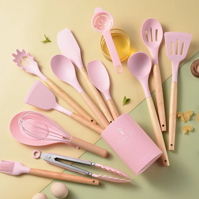 5Pcs Pink Silicone Utensils with Wooden Handles Wholesale