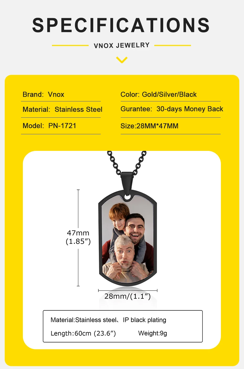 Vnox Kostenlose individuelle Fotos mit Wörtern, Erkennungsmarken-Halsketten für Männer und Frauen, Edelstahl, personalisierbar, bedeutungsvolle Halsband-Andenken-Geschenke – Detail 7
