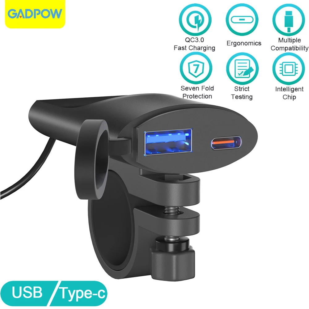 Gadpow QC3.0 Motorcycle USB Charger 30W USB-C Charger IP67 Waterproof Handlebar Mounting Bracket Digital Camera Phone Charger