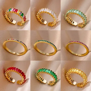 여성용 미니 지르콘 그린 반지, 스테인레스 스틸 골드 색상 조절 가능한 손가락 반지, 약혼 웨딩 크리스마스 쥬얼리 선물