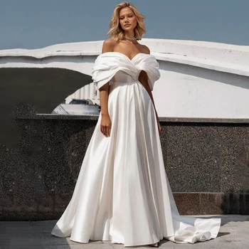 Elegante abiti da sposa in raso gonfio abito da sposa per la sposa lungo con spalle scoperte abito da ballo gonfio con scollo a V abito da sposa per le donne