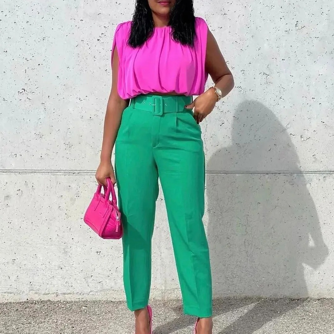 

2023 Summer Women's New Fashion Casual OL Commuter High Waist Suit Pants with Belt Multi-color Slim Female Suit Pants