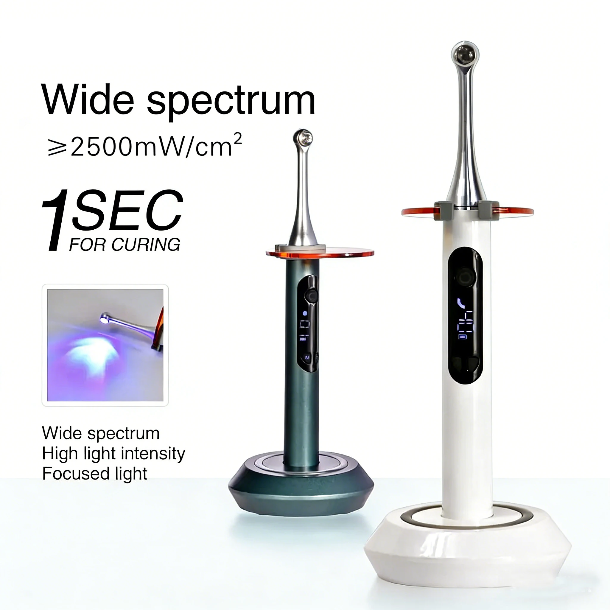 1 Sek. Wireless Dental Light Cure Hochleistungs-LED-Härtungslicht mit breitem Spektrum, 2500 mW/c ㎡ 360 ° Zahnarzt mit rotierendem Aushärtskopf