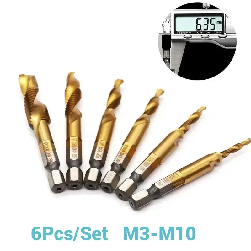 

6Pcs HSS Titanium M3 - M10 Combination Hex Shank Compound Tap Drill Bit Set Multi-function Titanium Drill Bit Sets Drilling Tool