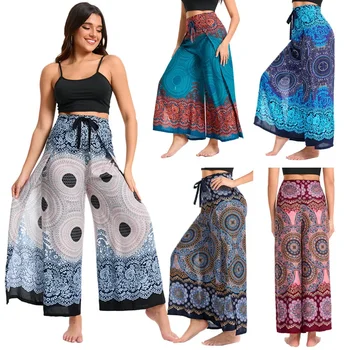 Women's Boho Palazzo Pants Wide Leg Yoga Wrap Tie Up Waistband Beach Cover Up Trousers Rayon Soft Breathable Loose Pants 1