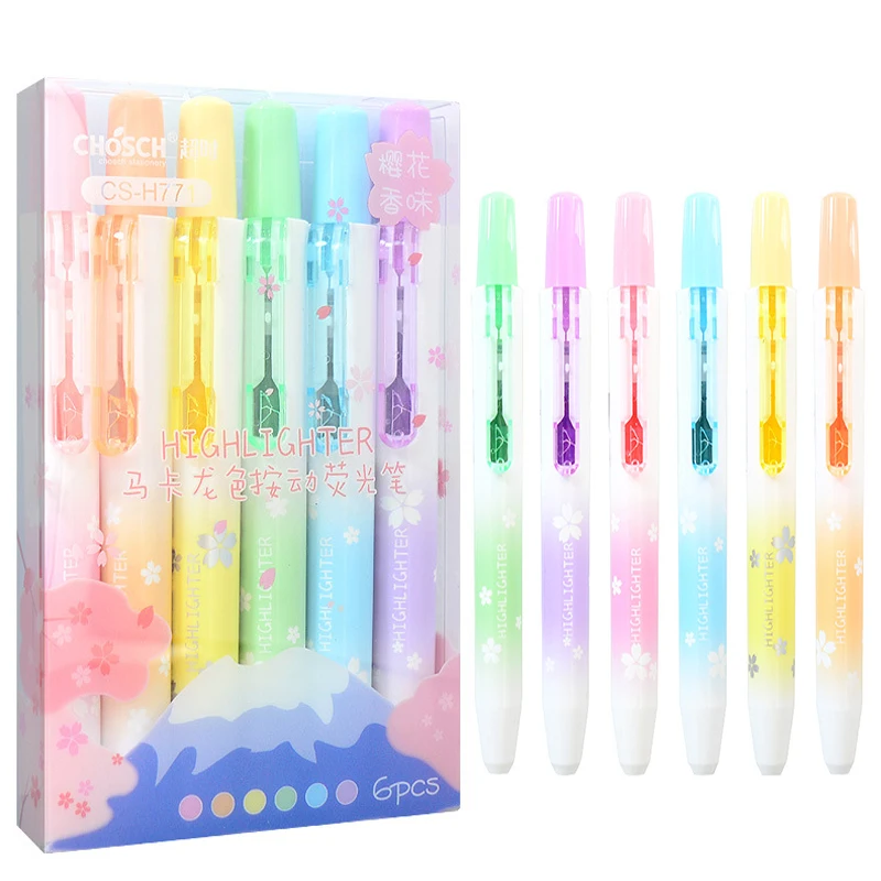 

Kawaii Sakura Scent 6Pcs Retractable Highlighters Macaron Pastel Highlighter Pen Fluorescence Markers for School Supplies