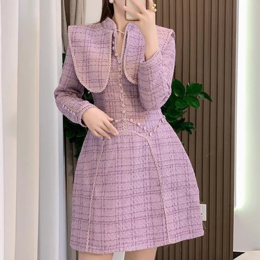 

Small Fragrance Tweed Dress Women Stand Collar Fake Two Slim A-lINE Party
