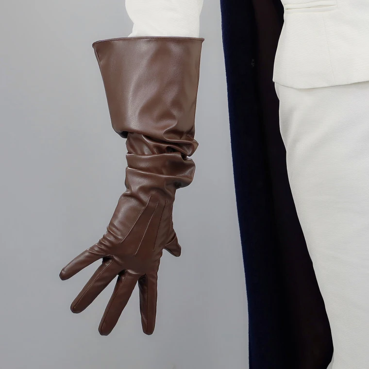 LONG GLOVES Faux Leather PU 15" 38cm Coffee Dark Deep Brown Loose Fit Unisex LLDLLNT