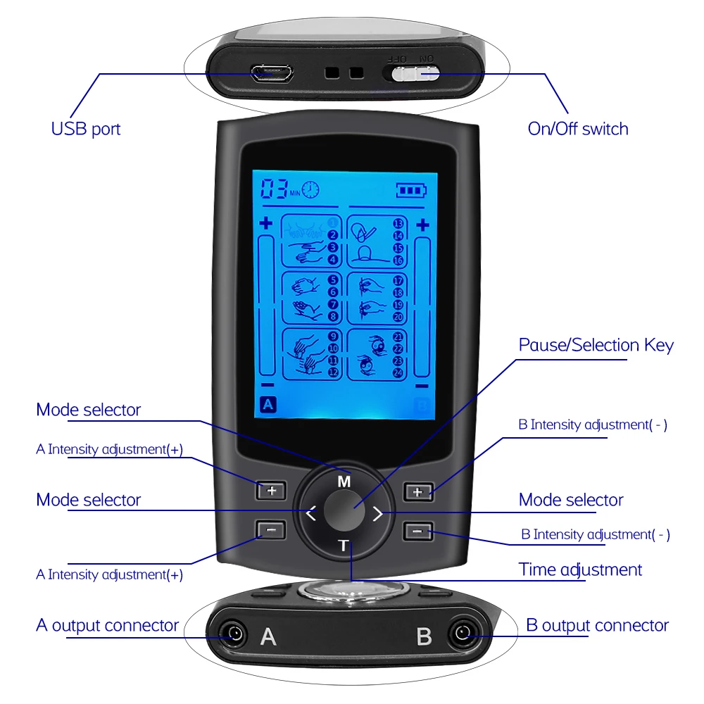 24 Modes Tens Massager EMS Muscle Stimulator Acupuncture Digital Therapy Machine for Pain Relief Body Massage