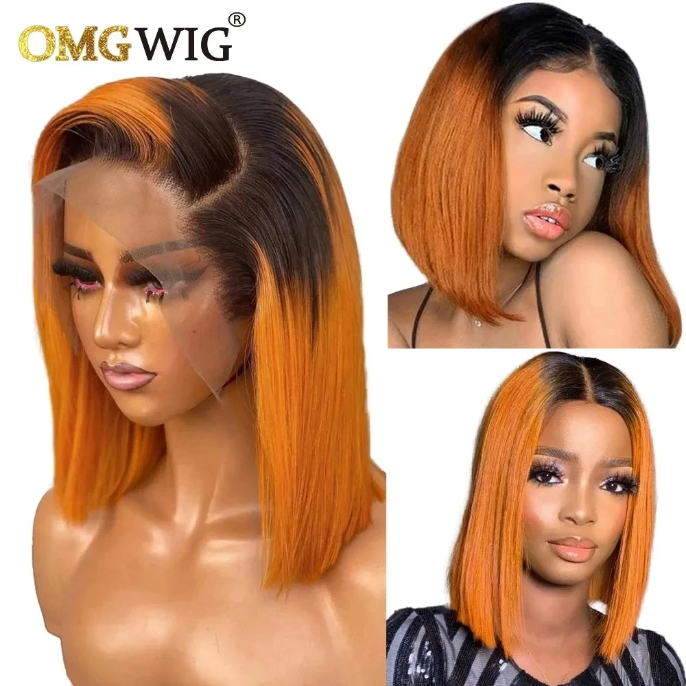 13x6 Frontal Wig Straight Peruvian Virgin Human Hair Short Bob Wigs For Black Women Ombre Orange 4x4 Closure Wig 250 Density human hair wig lace front wigs