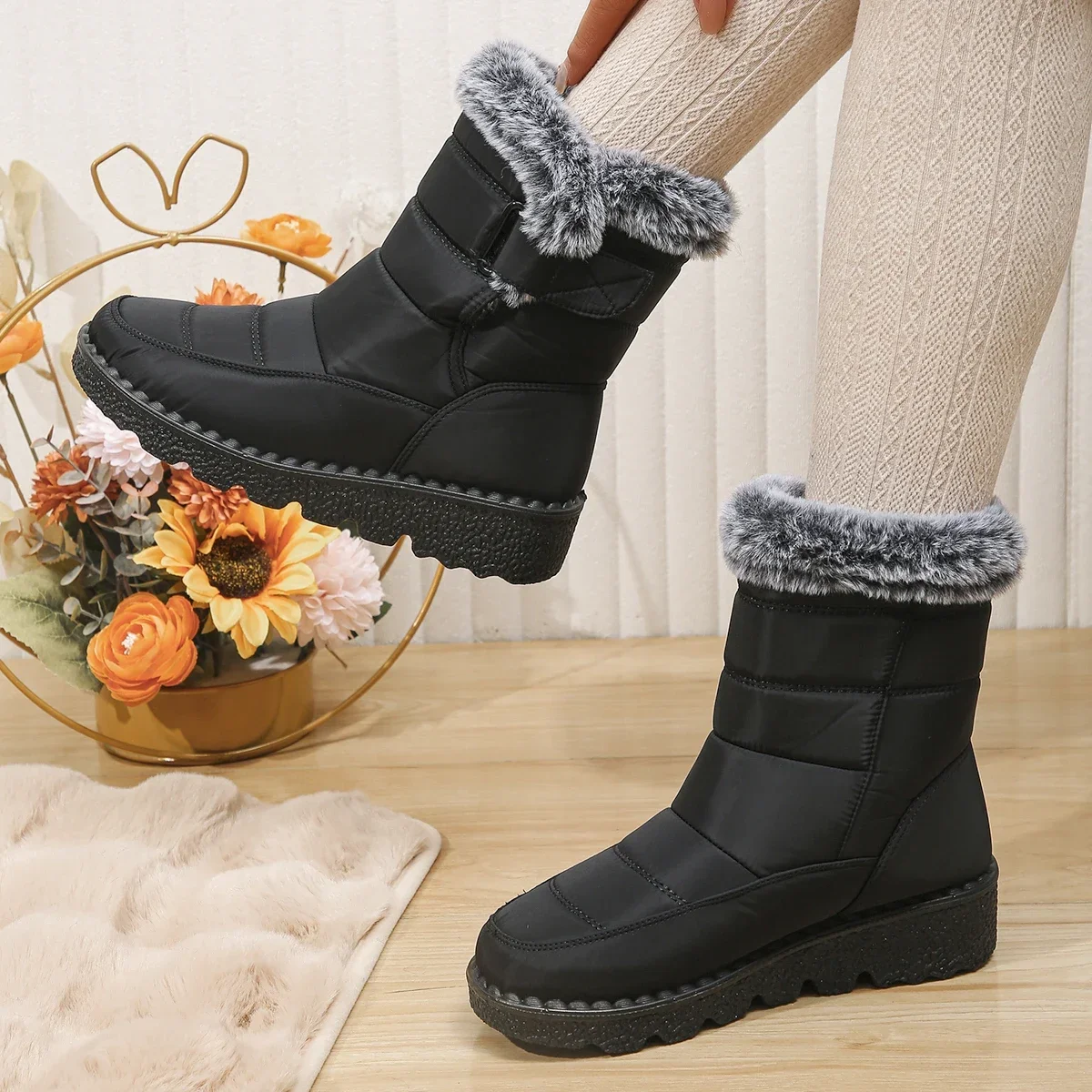 

New Faux Fur Warm Snow Boots Women Waterproof Non-Slip Winter Ankle Boots Woman Thicken Plush Hook Loop Cotton Padded Shoes