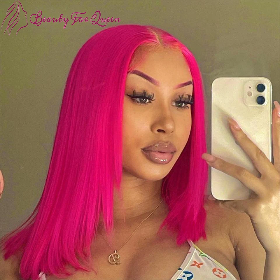 

13x4 HD Transparent Lace Front Wig Hot Pink Short Bob Wig Lace Frontal Human Hair Straight Wigs For Women Pre Plucked