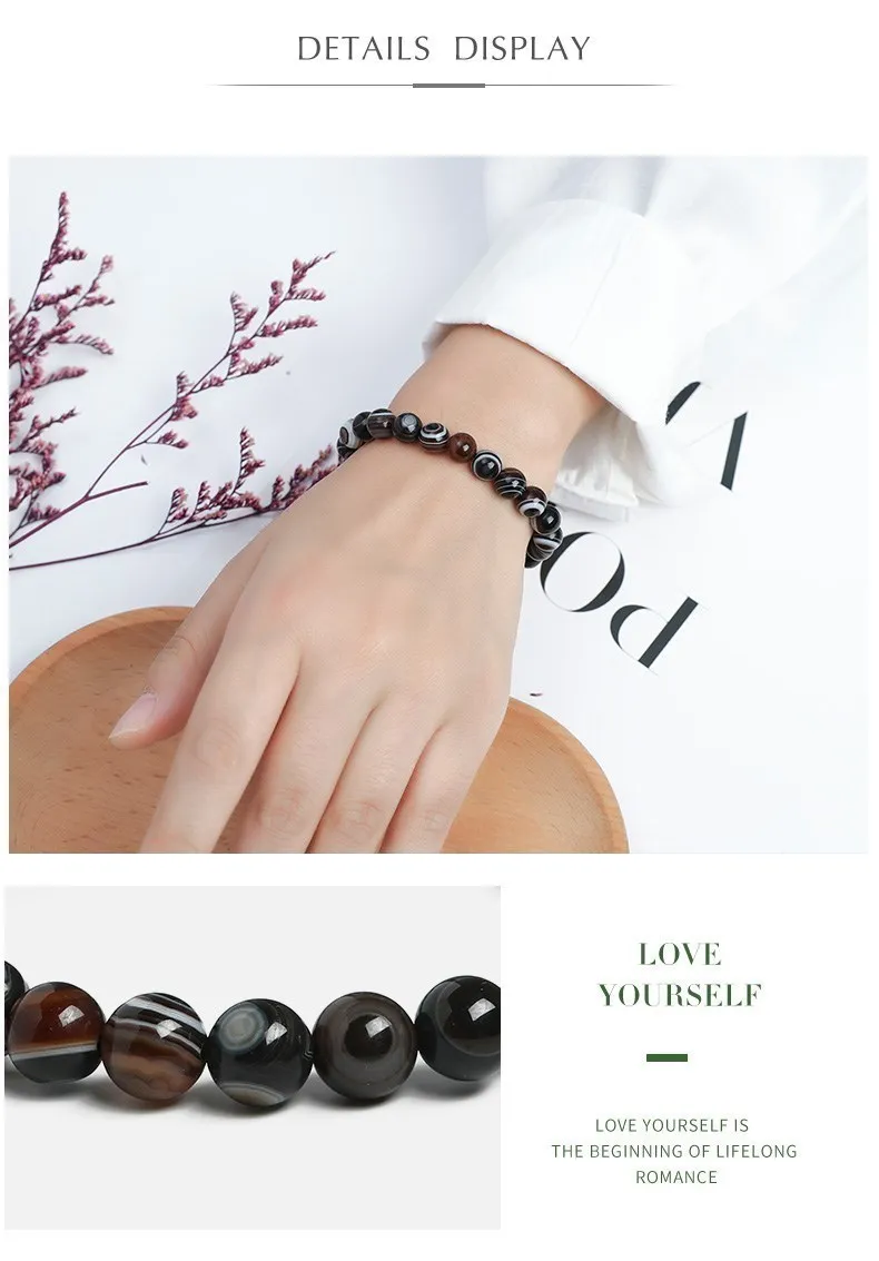 JD 7A Natürliche Mit Augen Schwarz Achat Armband 6 8 10 12 14MM Pick Größe Schmuck Natürliche Schwarze Streifen achate Stein Perlen Armband – Detail 2