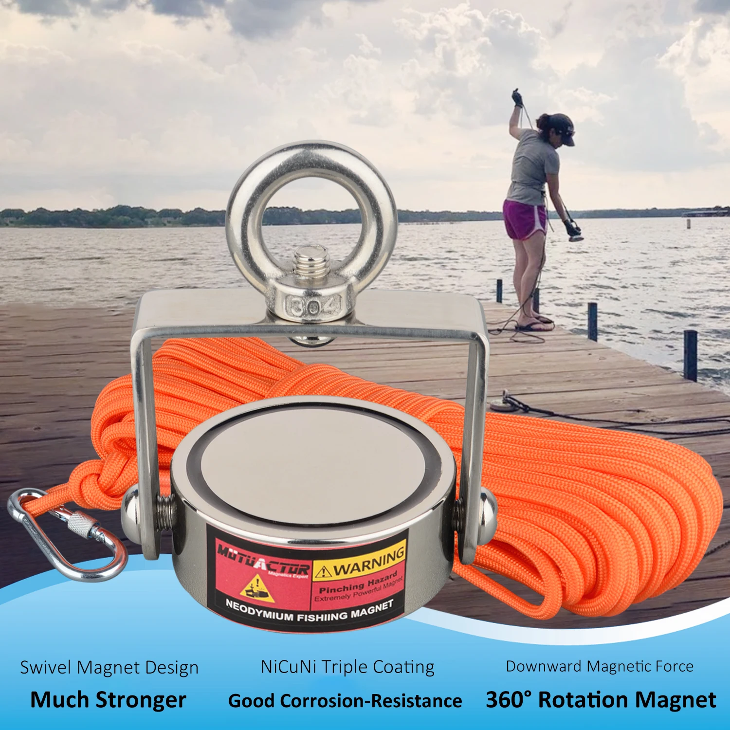 360 Rotatable Fishing Magnet Kit 130KG/160KG TWO sided Lifting magnets  Durable Rope N52 Strong Magnetic Metal Holding