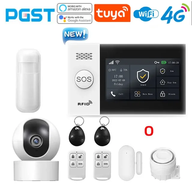 PGST PG-107 4G Tuya Wireless Home Alarm System WIFI GSM With Motion Detector Sensor Security Camera Burglar Support Alexa Google 1