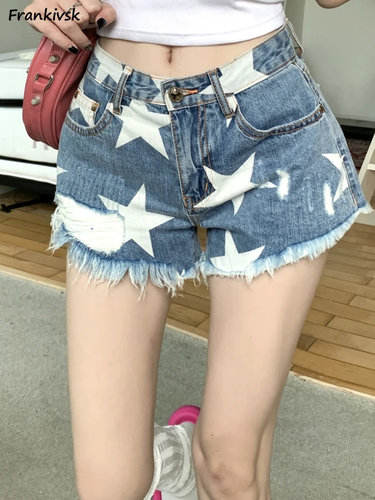 

Denim Shorts Women Ripped Bleached Print Hotsweet Summer All-match American Style High Waist Y2k Streetwear Trendy Soft Leisure