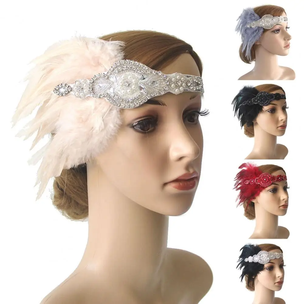 Vintage Women Flapper Headband Faux Pearls Feather Tassels Rhinestones Bridal Flapper Headpiece Prom Party Hair Accessories