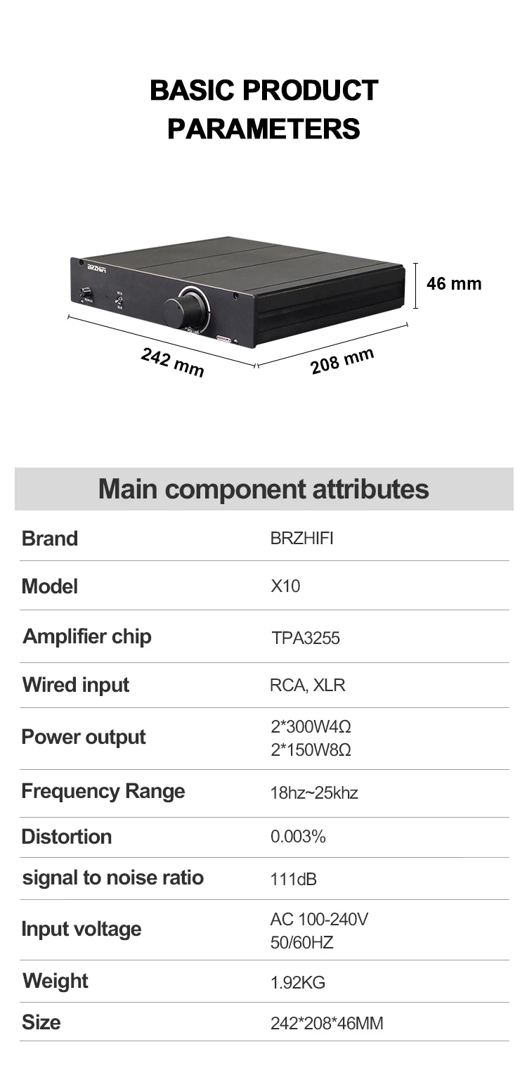 BRZHIFI Audio TPA3255 XLR Sound Amplifier Fully Balanced Input and Output 300W*2 Audiophile Digital Amplifier HiFi Stereo Amp