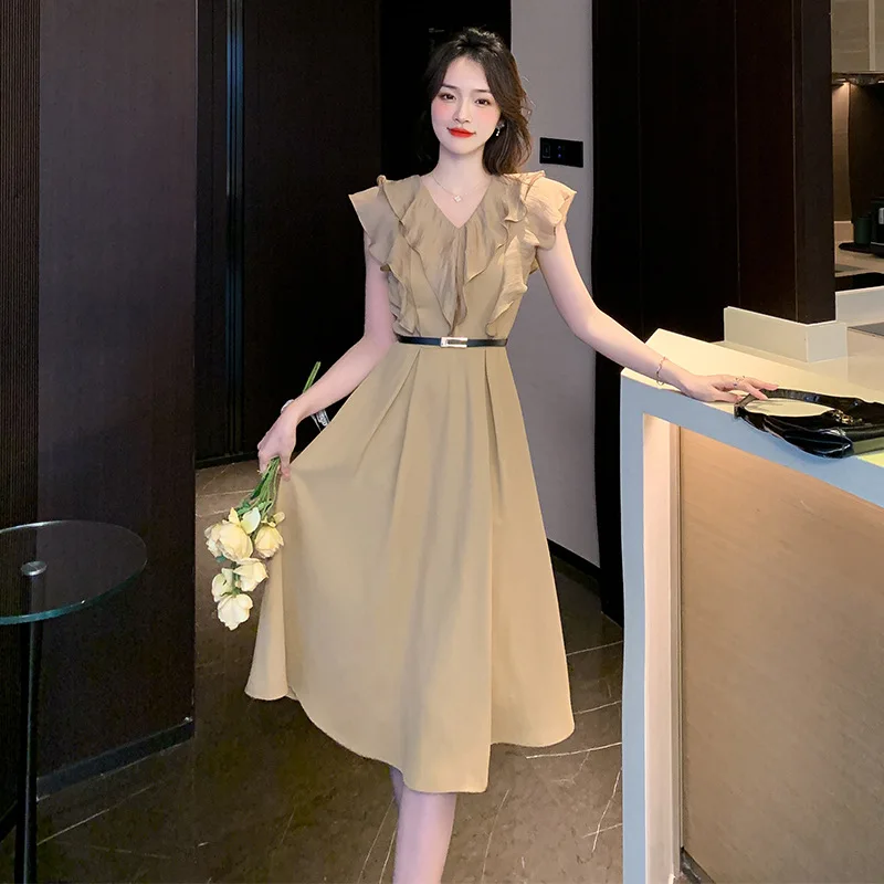 

2023 Korean Fashion Casual Dresses Office Women Ruffle Fly Sleeve Belt Midi Dresses Female Solid Colour Slim Commuter Dresses