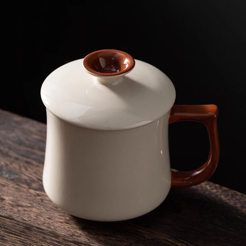 Chinese Style plant ash Ceramic Porcelain Personal Mugs, Home Personal Creative With Cover, Milk Water Coffee Cup, 360ml, 1Pc