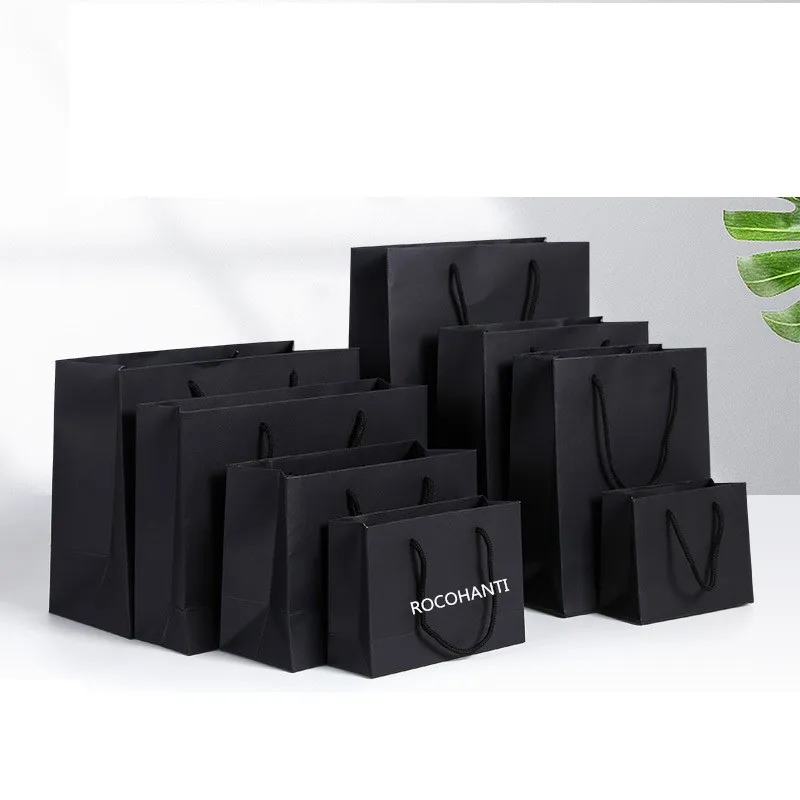 50pcs Custom Logo Print Cardboard Packaging White Black Luxury Gift Shopping Jewelry Paper Bag With Handle for Clothes Shoes Box