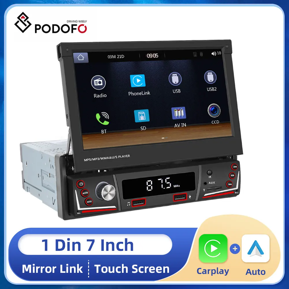 

Podofo 1 din Wireless Android Auto CarPlay Video Multimedia Player MP5 Retractable Screen Connecting Car BT/FM/USB/AUX Universal