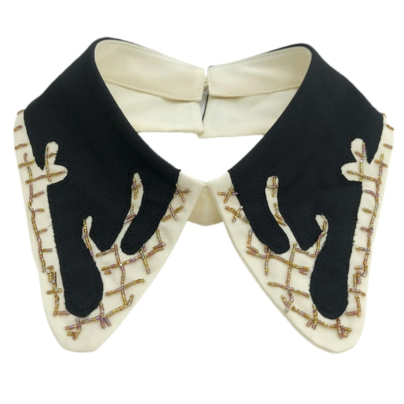 

Women Double Layer Applique Embroidery False Collar Bugle Bead Sewing Jewelry Necklace Choker Contrast Color Patchwork Half