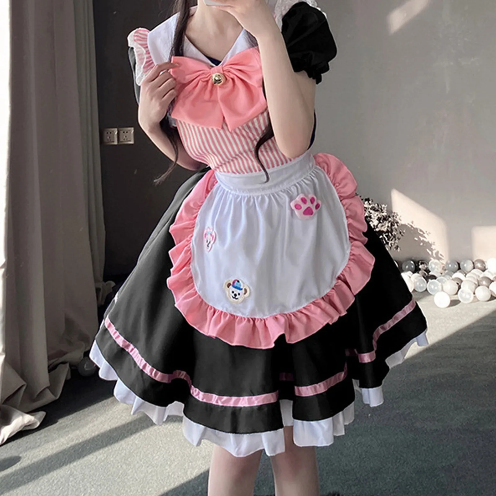 Lolita Cosplay Fantasias para Estudante, Pata do Gato Kawaii, Avental Rosa,  Roupas de Empregada, Ruffles de