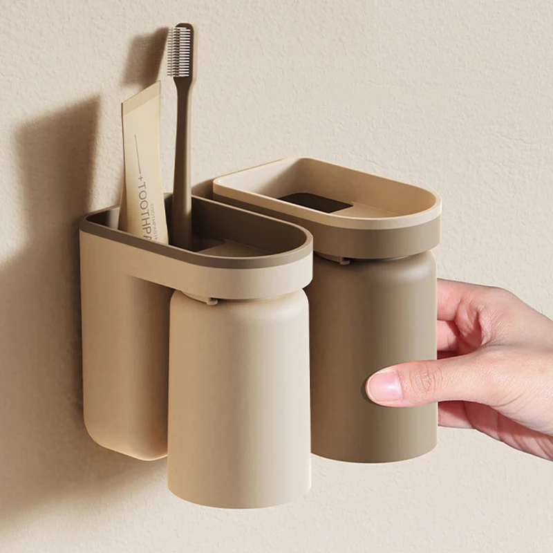 Ensemble de rangement mural pour flacons de bain de bouche, brosses à dents et gobelets, sans perçage - Accessoires de salle de bain_voghion.com