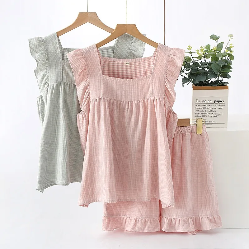 

Korean Pajama Mujer Stripe Square Neck Cotton Yarn Sleepwear Set Sleeveless Top+Shorts Ruffle Homewear Skin-Friendly Breathable