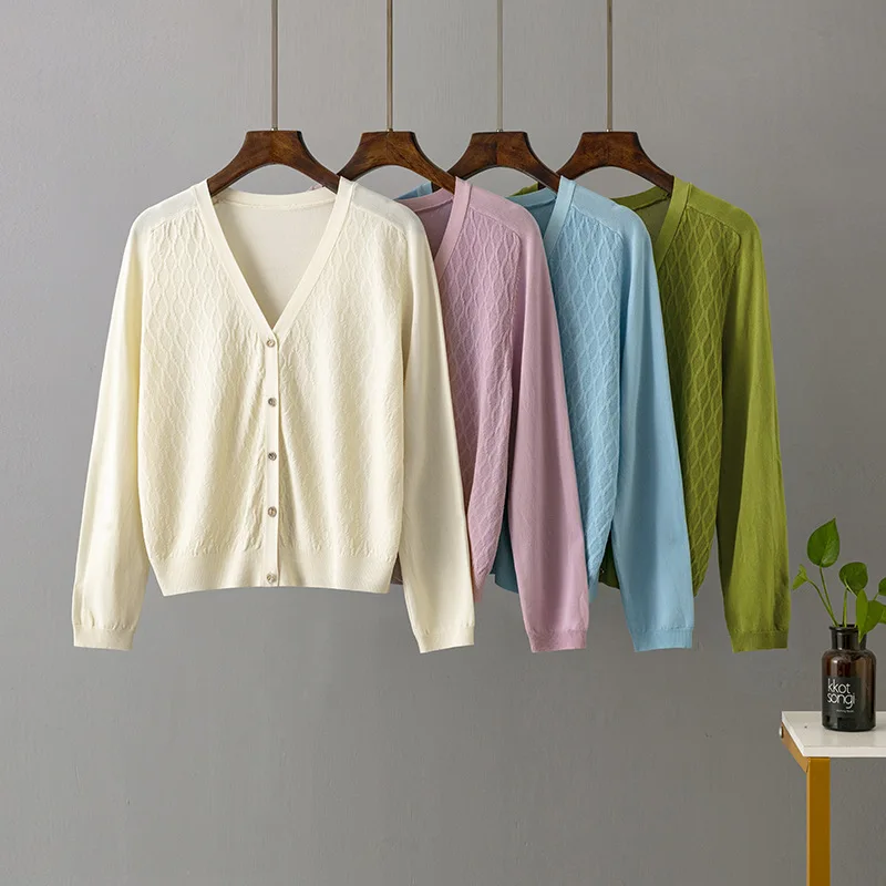

Women's Ice Silk Thin Cardigan Knitwear Spring and Summer Loose and Fashionable Outerwear Solid Classic Shawl Conditioned Top