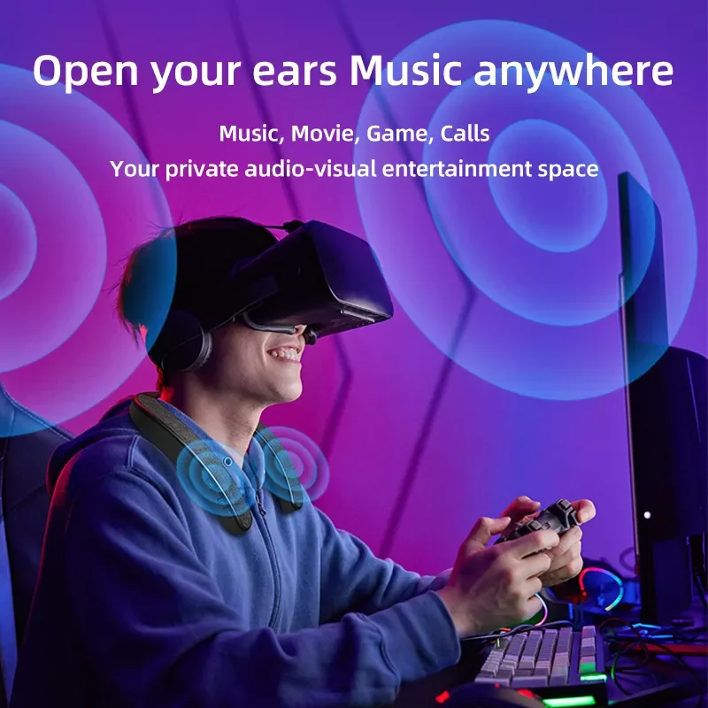 Bluetooth5.0 Neck Mounted Surround Sound Speaker Portable Neckband Gaming Stereo Outdoor Hifi Built-in Mic Multi-angle Adjustm