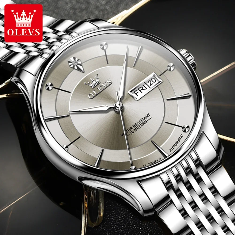 OLEVS 9927 Waterproof Men Wristwatches, Stainless Steel Strap Fashion Automatic Mechanical Watch For Men Calendar Week Display