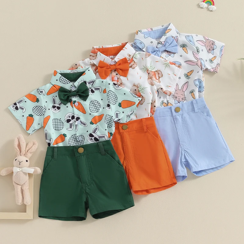 0-4Y Toddler Boys Easter Outfits Carrot Rabbit Print Bow Tie Short Sleeve Shirts Tops and Shorts Sets Kids Summer Clothes 6