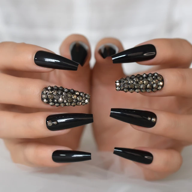 Deco Art Black Gem 3D Long Coffin Glossy Fake Nails Diamond Acrylic Manicure  Beauty Reusable Salon DIY 24pcs - AliExpress