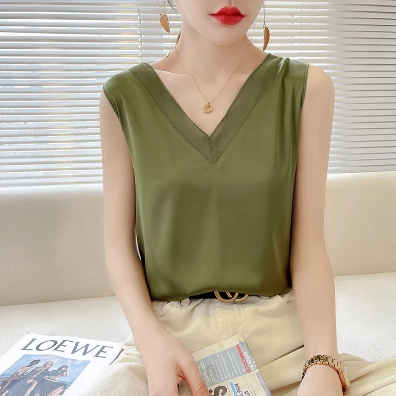 New Summer Silk Camisole Ladies Satin V-Neck Mulberry Silk Suspenders Thin Sleeveless Top Inside T-Shirt And Bottoming Vest